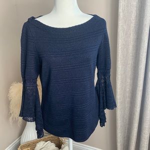 White House Black Market Shirt Knit Blue Metallic Blouse Crochet Bell Sleeve